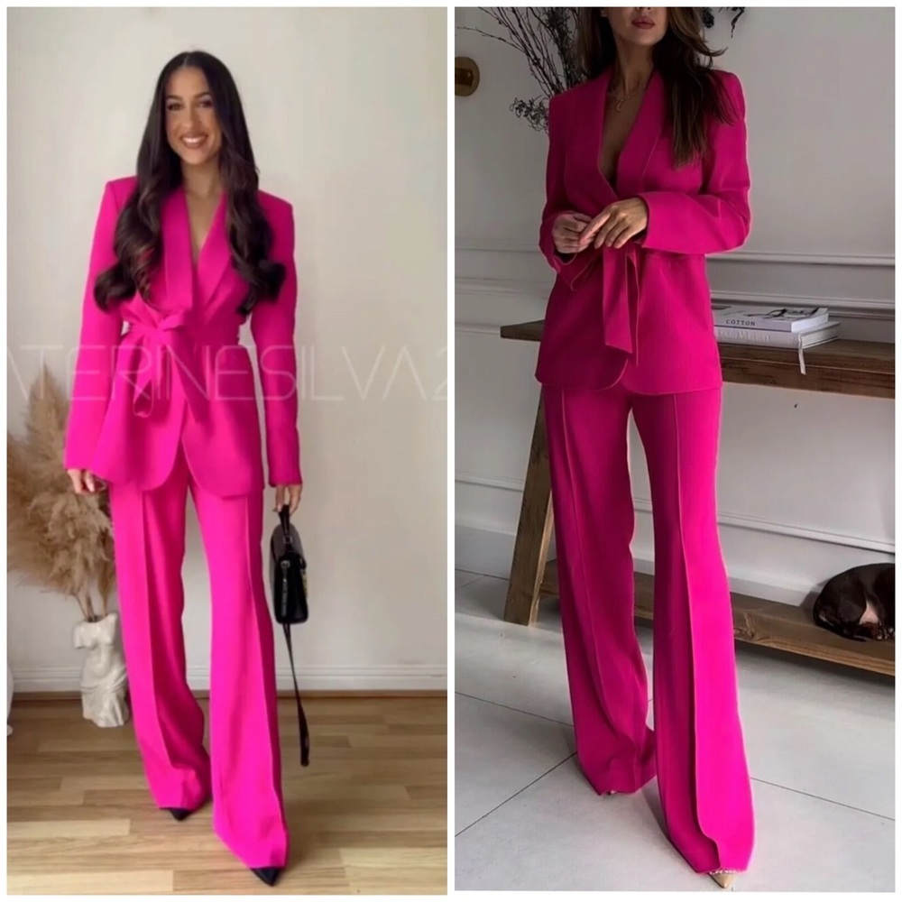 Zara [Tuxedo Collar Blazer + Pants] Set Fuschia Pink